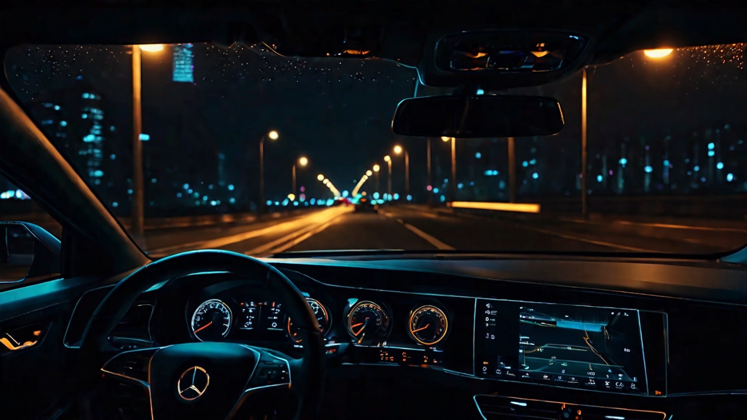 Car interior at night, the subconscious autopilot driving while the conscious mind watches
