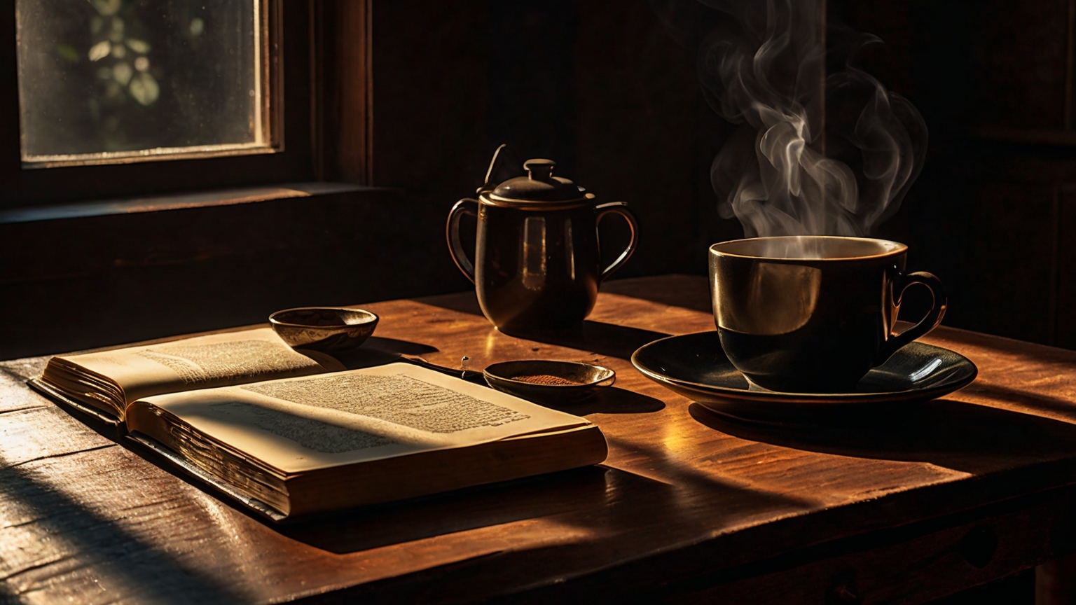 A wooden table in deep shadows with morning light, objects arranged deliberately — coffee cup, phone face-down, open journal, glass of water, representing the unconscious choreography of morning decisions