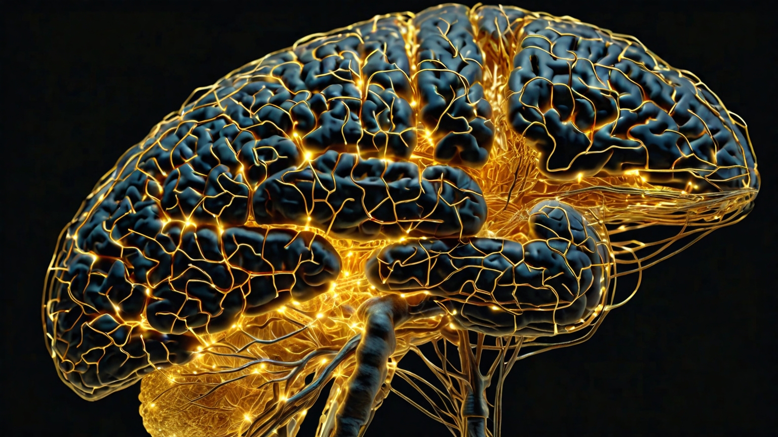 Neural network visualization on a human brain, warm gold pathways showing how repeated choices carve deeper grooves