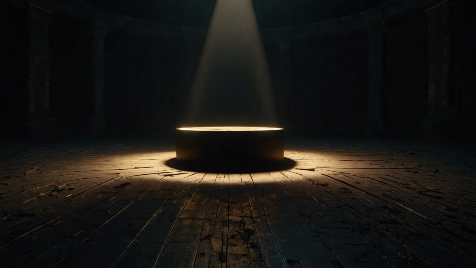 A single spotlight in a vast dark space — the moment of individual agency and choice