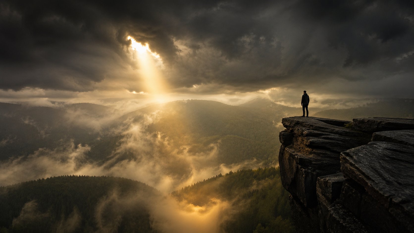 Person standing on cliff edge overlooking misty valley with golden light breaking through storm clouds