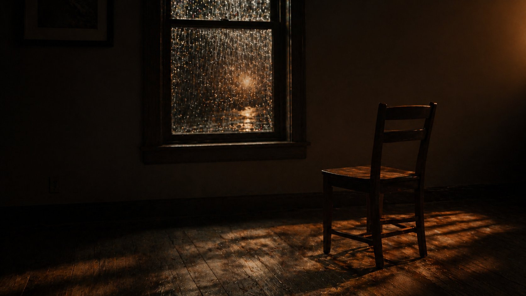 Empty chair in dimly lit room with rain streaming down window, amber light casting shadows on wooden floor