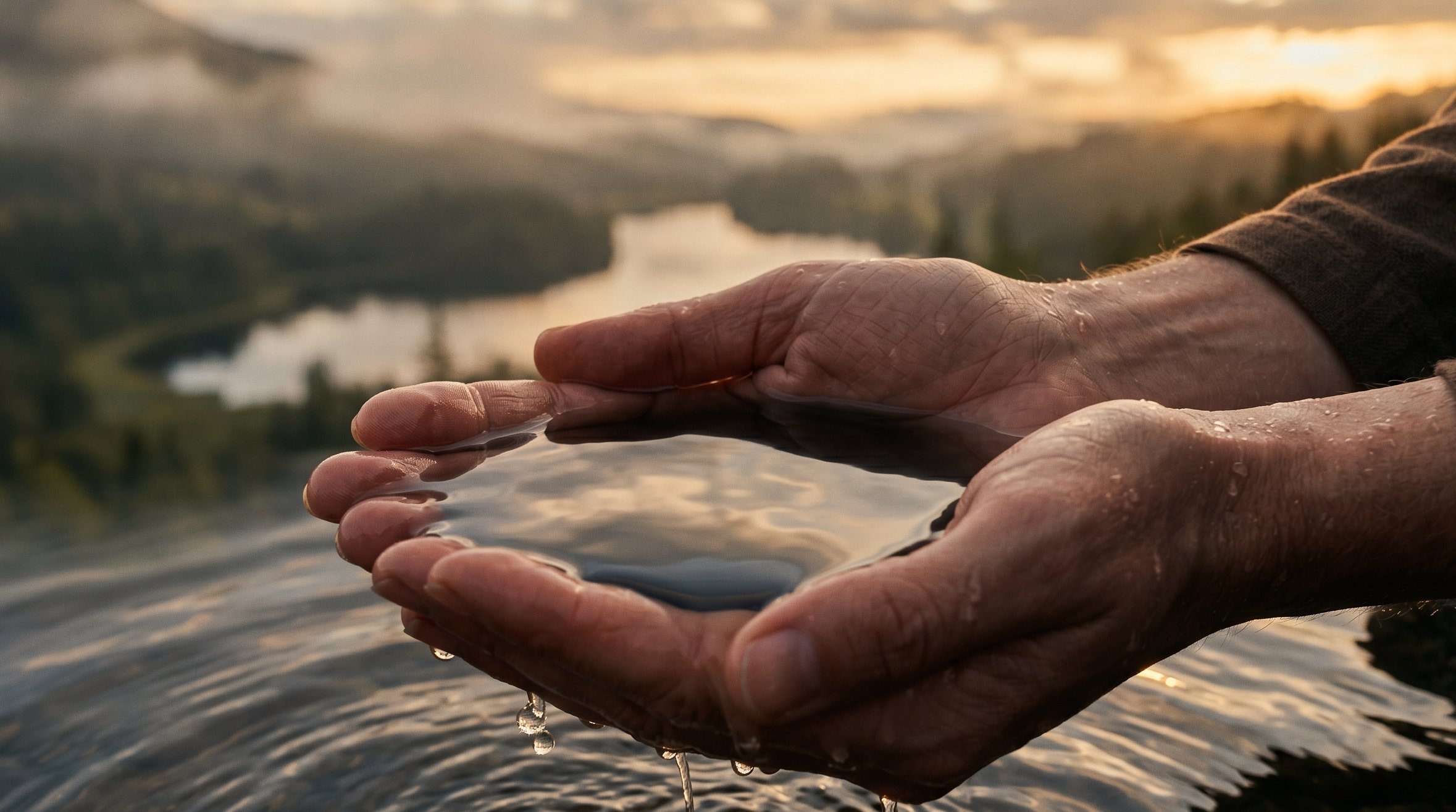 Hands cupping still water reflecting cloudy sky at golden hour, droplets catching warm light