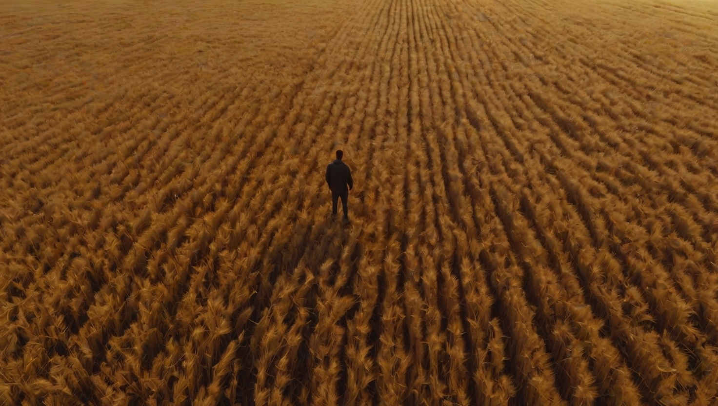 Aerial view of a person lying in tall grass at golden hour