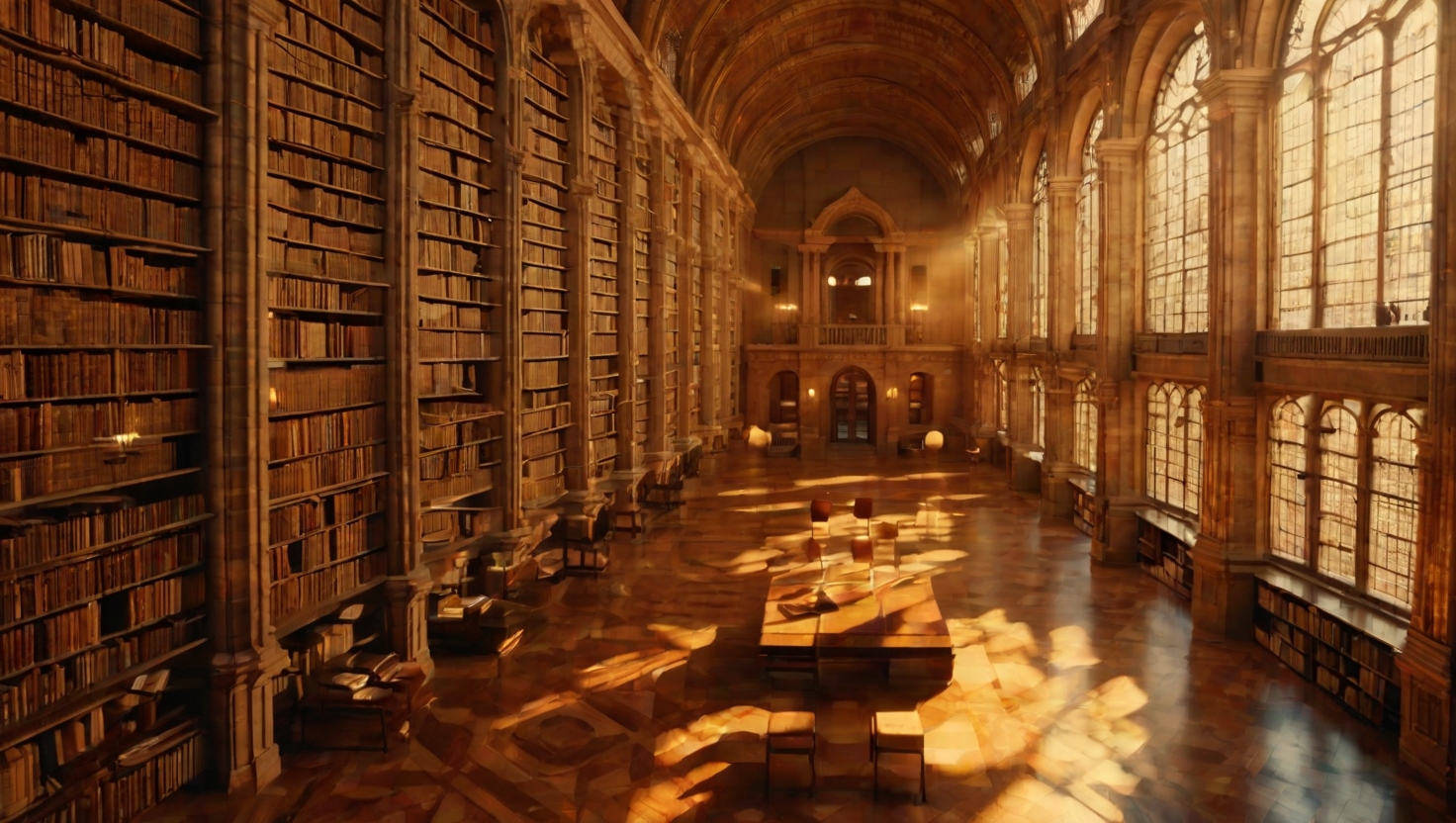 Birds-eye view of an ancient library with geometric patterns of light
