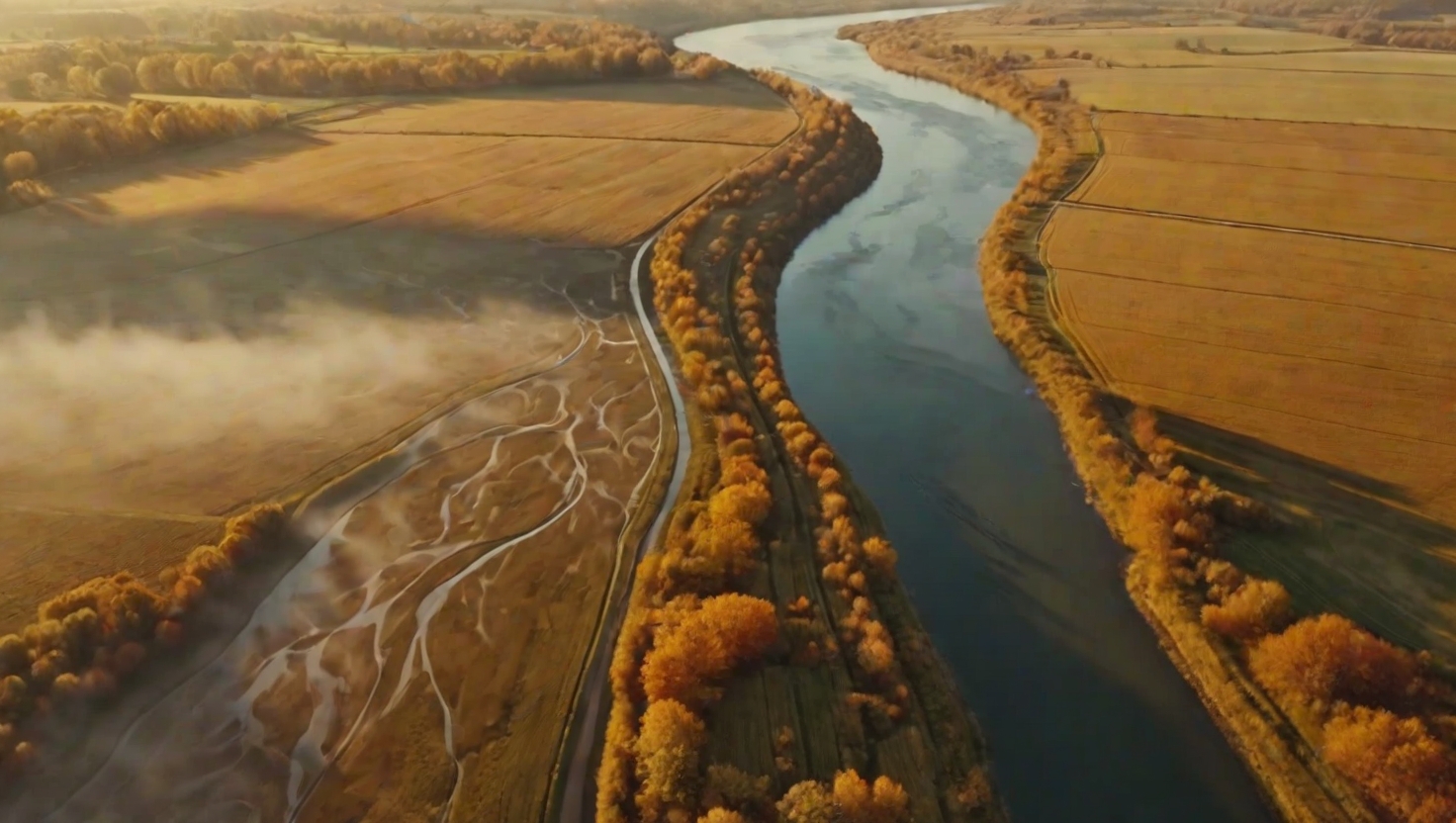 Flowing aerial view of a winding river cutting through autumn landscape
