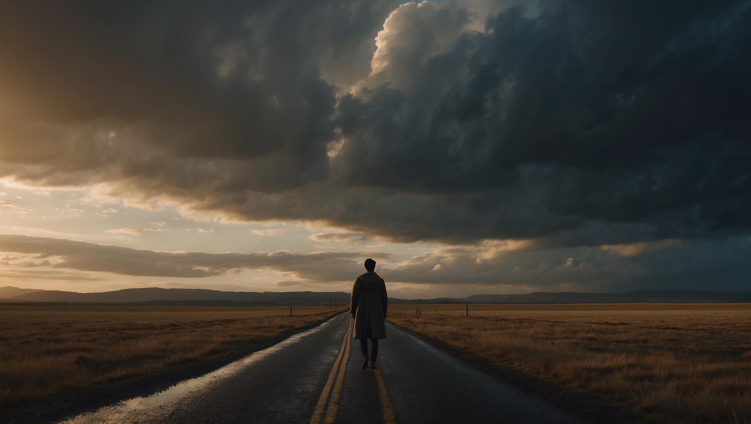 Person at crossroads, central path bright but shadowed by dark clouds of threat-weighted memory