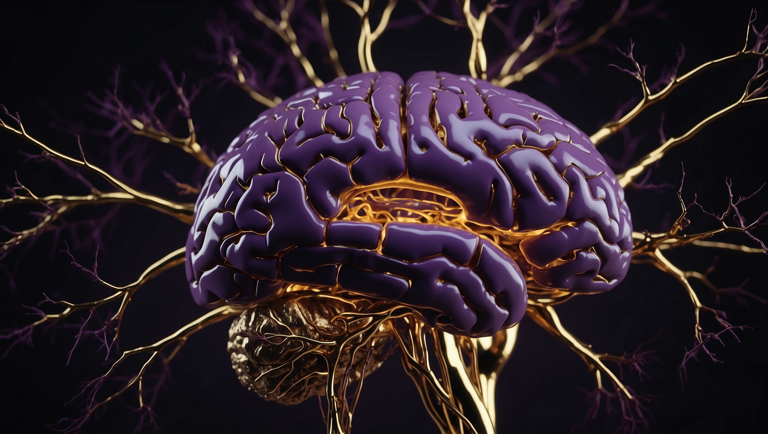 Human brain with glowing gold neural pathways
