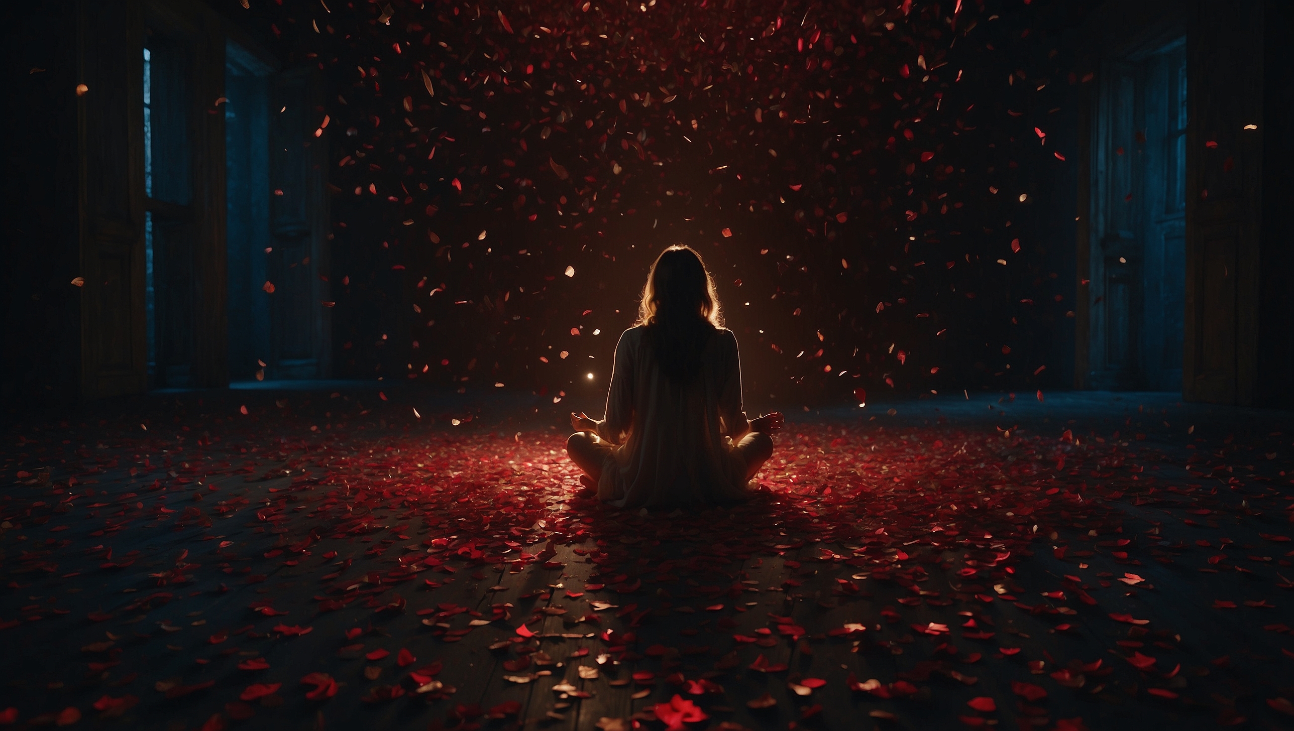 Person surrounded by floating memories, negative ones glowing red and close, positive ones pale and distant