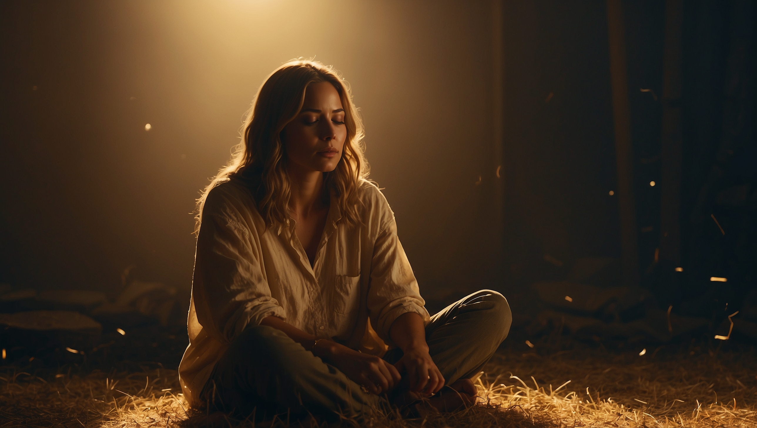 Person sitting in soft gold light, positive and challenging memories equally present, expression calm and clear