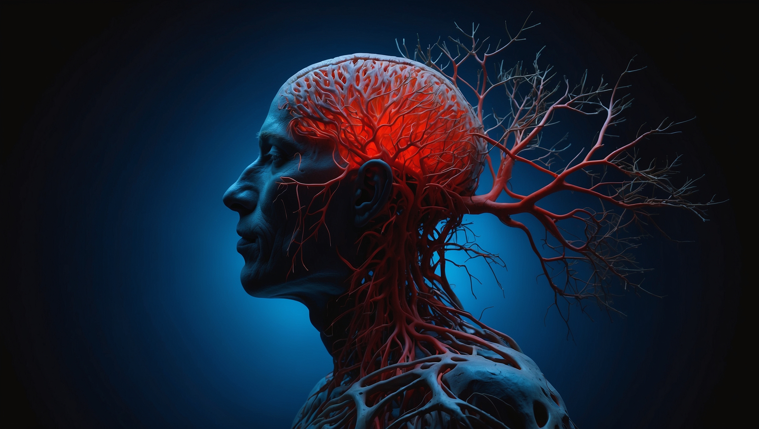 Silhouette of human head filled with branching tree roots, threat pathways glowing red