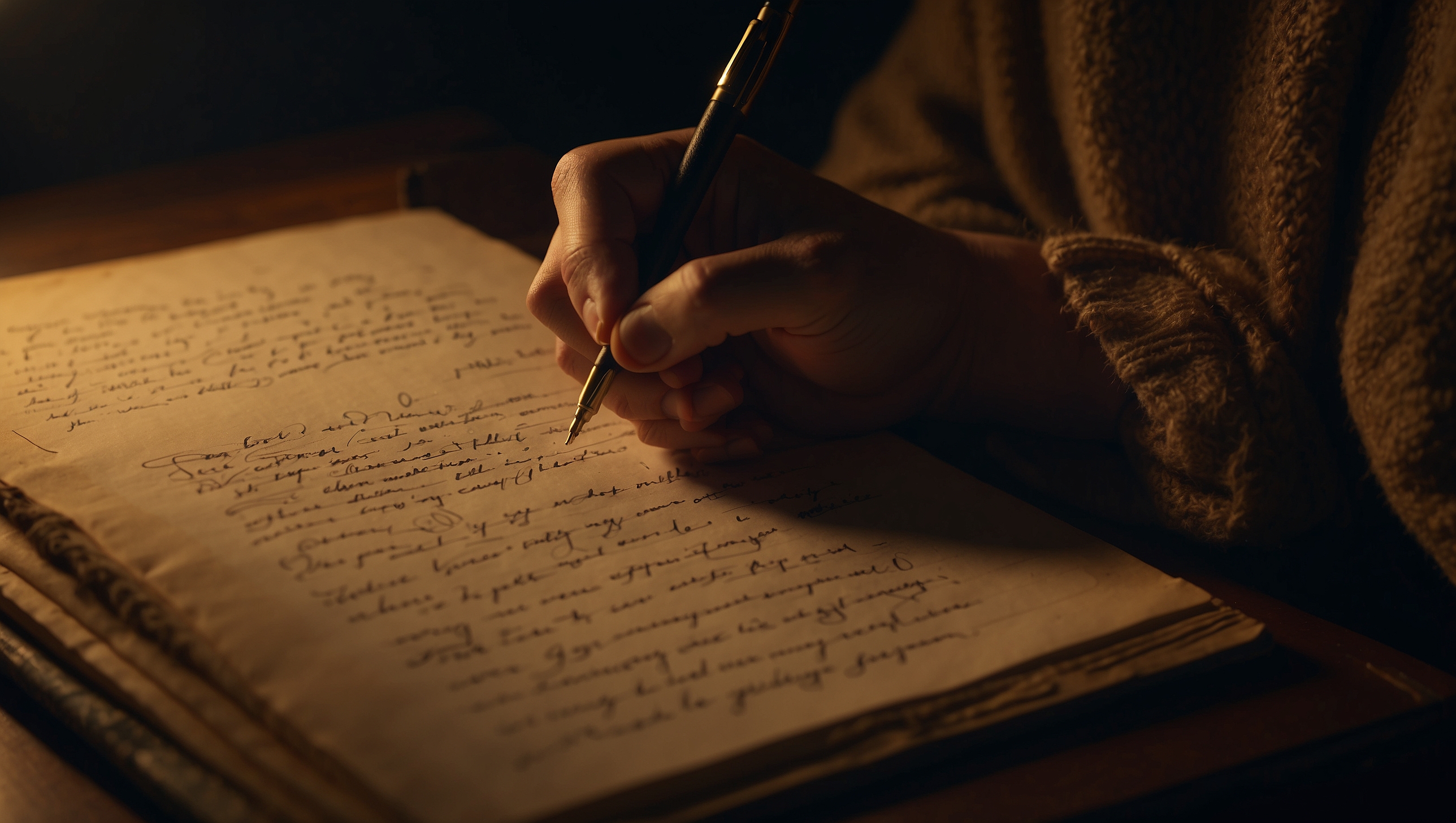 Person writing deliberately, dark memories becoming lighter, positive memories growing more visible