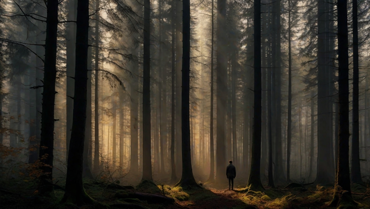 Single figure standing small against towering dark trees in a vast misty forest, golden morning light filtering through the canopy, atmospheric fog rolling between trunks