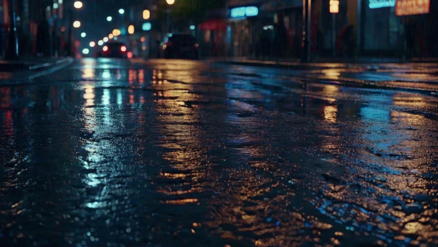 Cinematic wet concrete street at night, neon signs reflected as abstract patterns in rain puddles, amber and blue city lights caught in rain-slicked surfaces, rich depth of field and bokeh