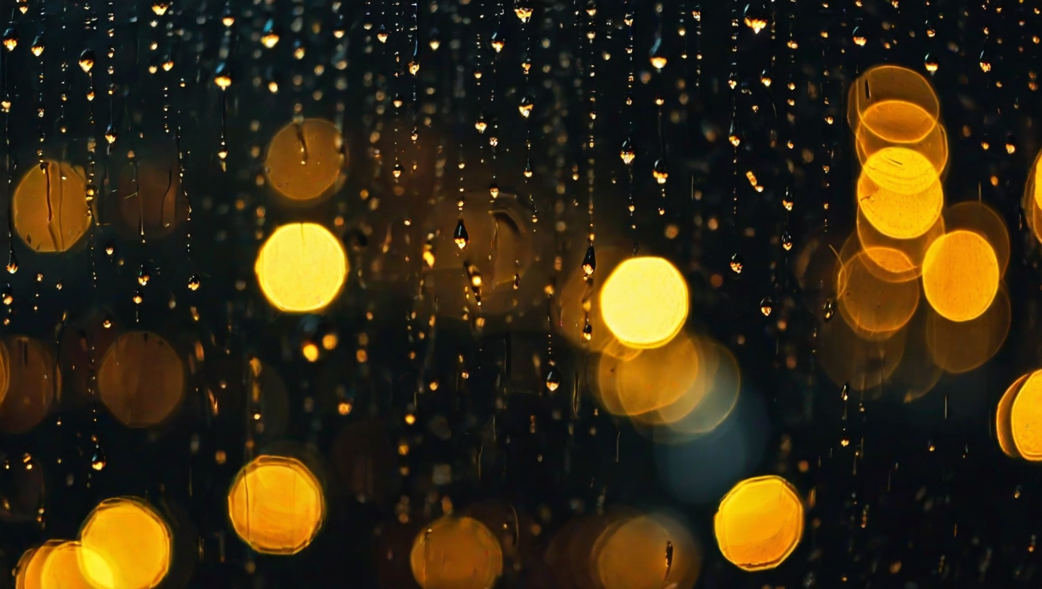 Cinematic close-up of rain droplets trailing down dark glass, city lights blurred into warm amber bokeh in the background, intimate urban night atmosphere