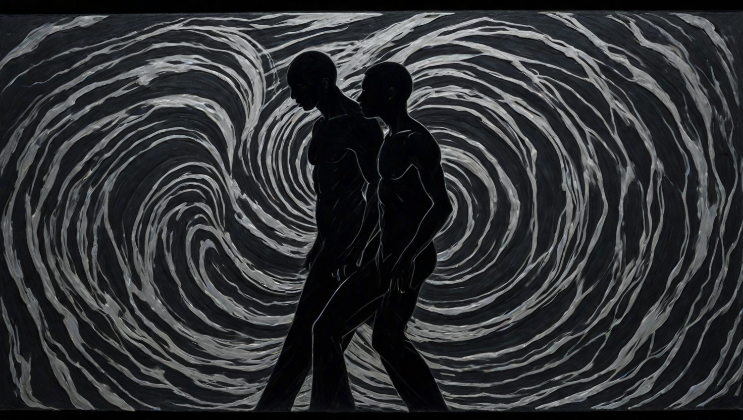 Two figures in silhouette connected by rippling energy waves against a dark background
