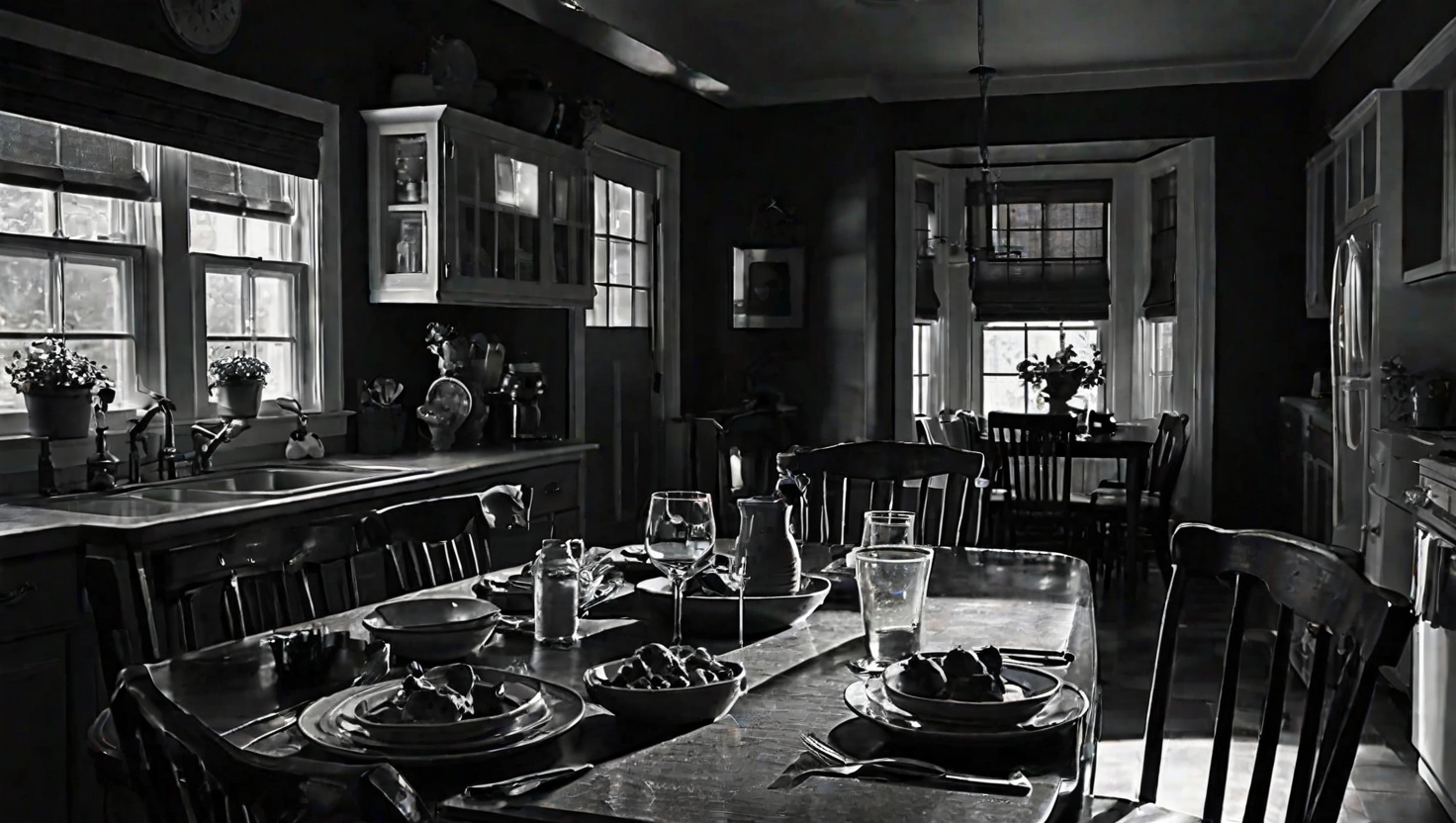 Kitchen table with adult and child place settings under harsh overhead lighting, empty chairs