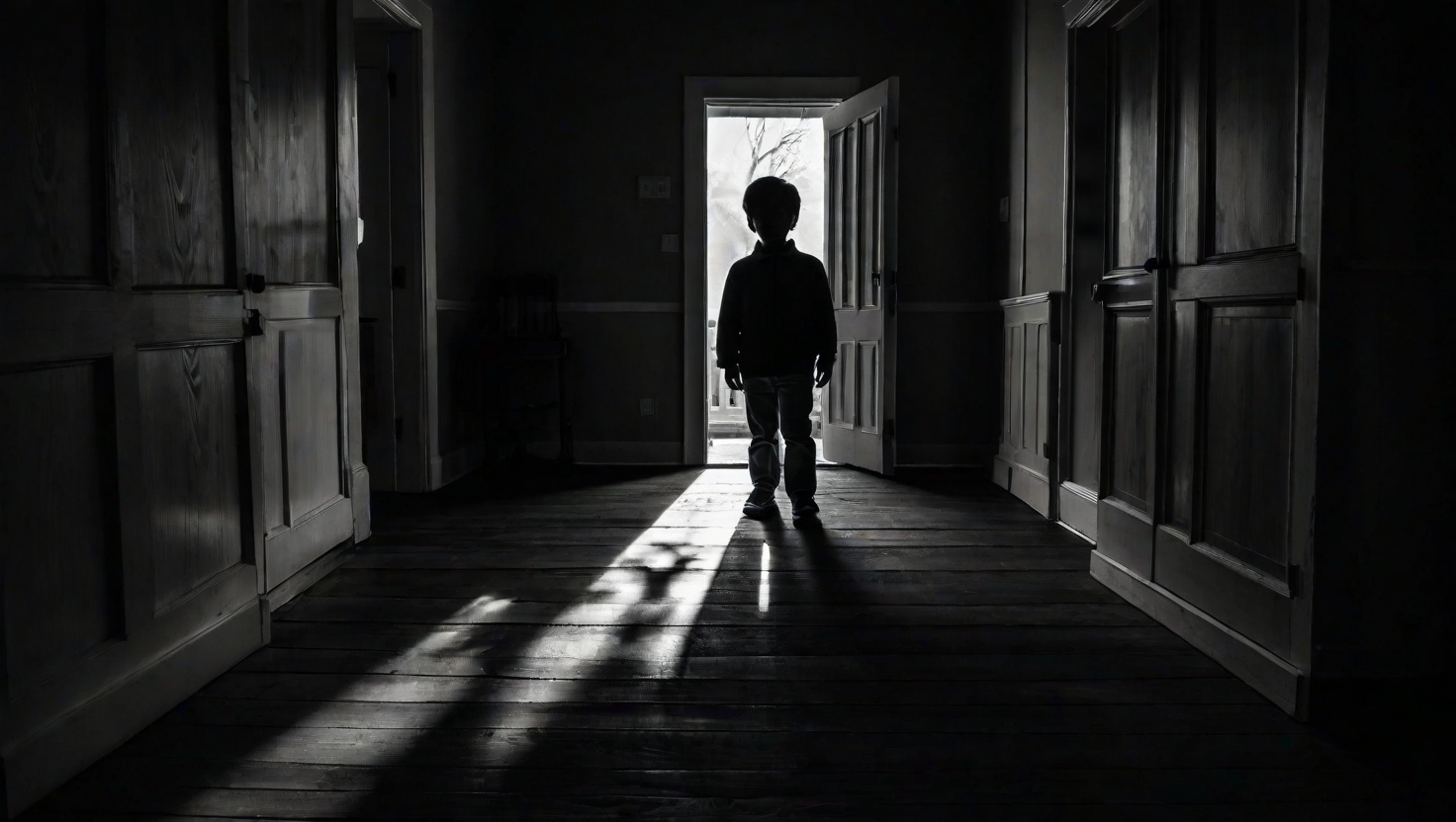 Adult silhouette in doorway with child sitting small in dimly lit room