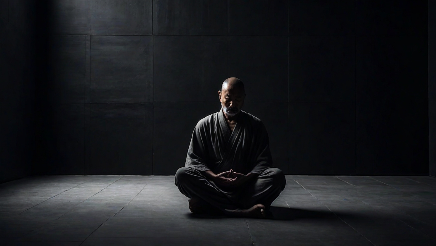 Single figure in meditation posture against stark wall with dramatic single light source