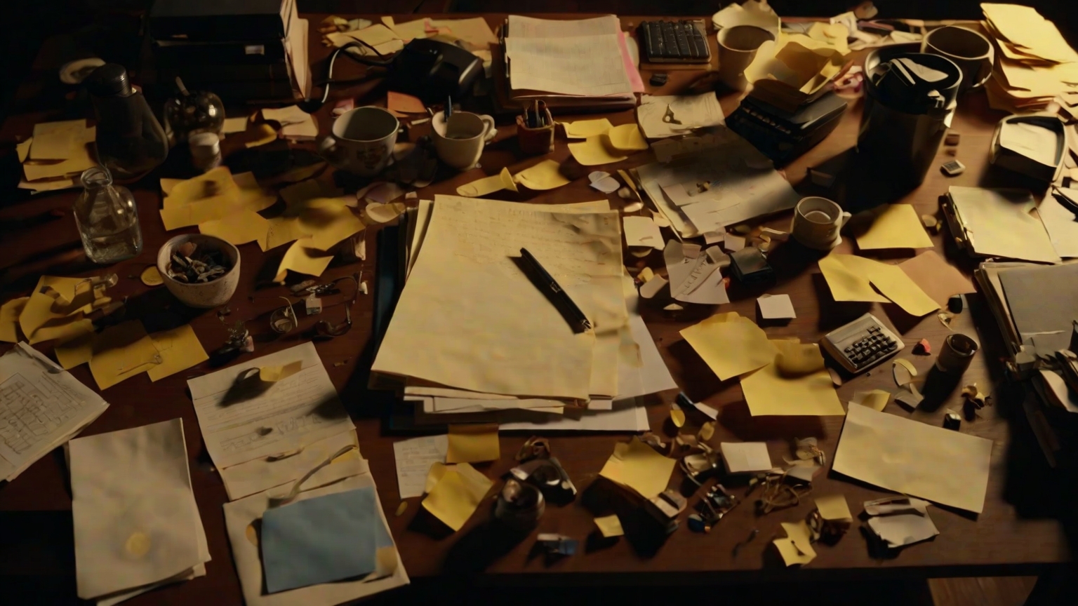 Overhead view of a desk scattered with papers, phones, sticky notes and notifications competing for attention under warm gold side light