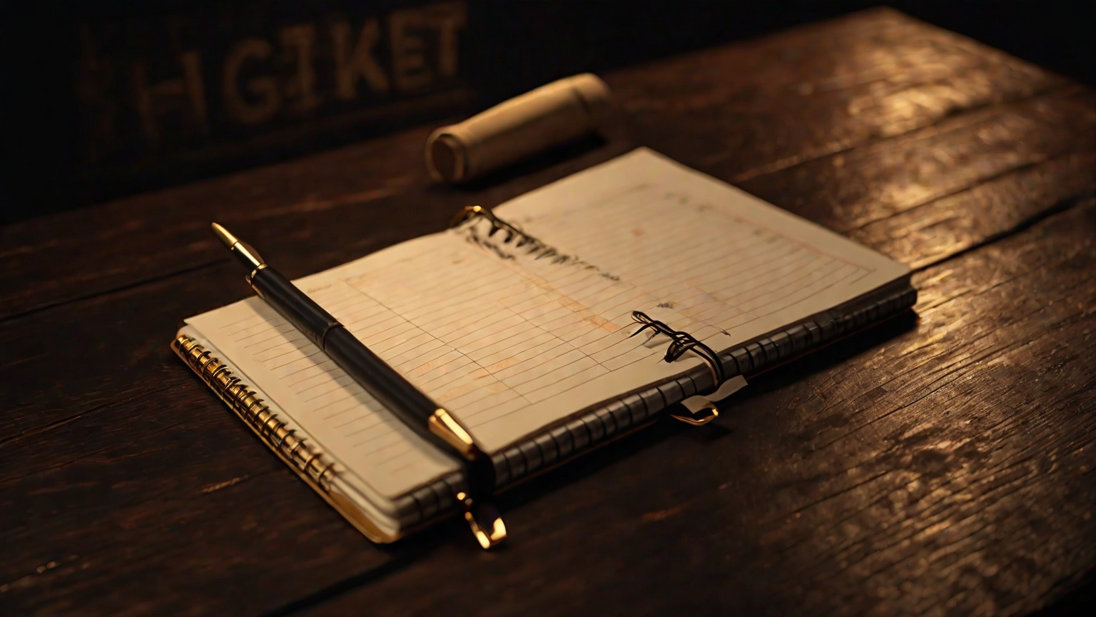 A clean minimal open notebook with a simple checklist on a dark wooden surface, warm gold light illuminating from the side