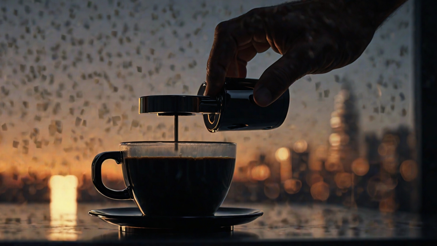 A hand hovering over a coffee maker in warm pre-dawn light, hundreds of ghostly silhouette copies suspended above, symbolising the weight of 35,000 daily decisions