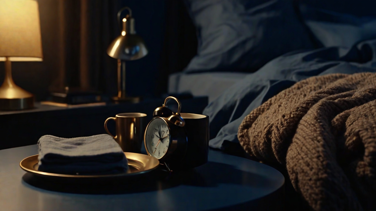 A precisely arranged morning routine — alarm clock, coffee cup, laid-out clothes — lit by warm gold lamp against deep blue-black darkness