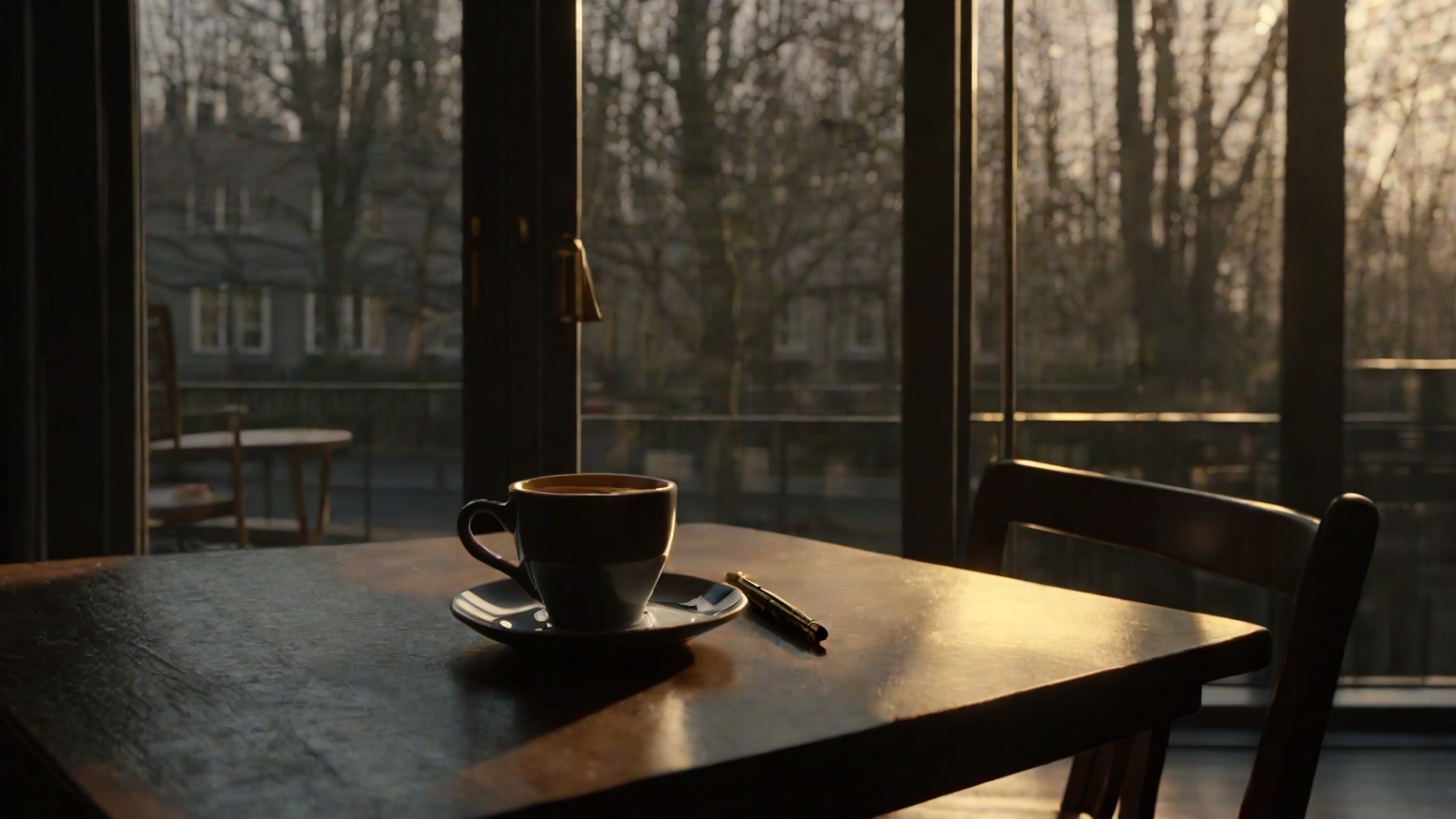 A serene ordered morning scene: coffee cup in place, empty chair by a window in soft gold early light, notebook and pen ready on the table