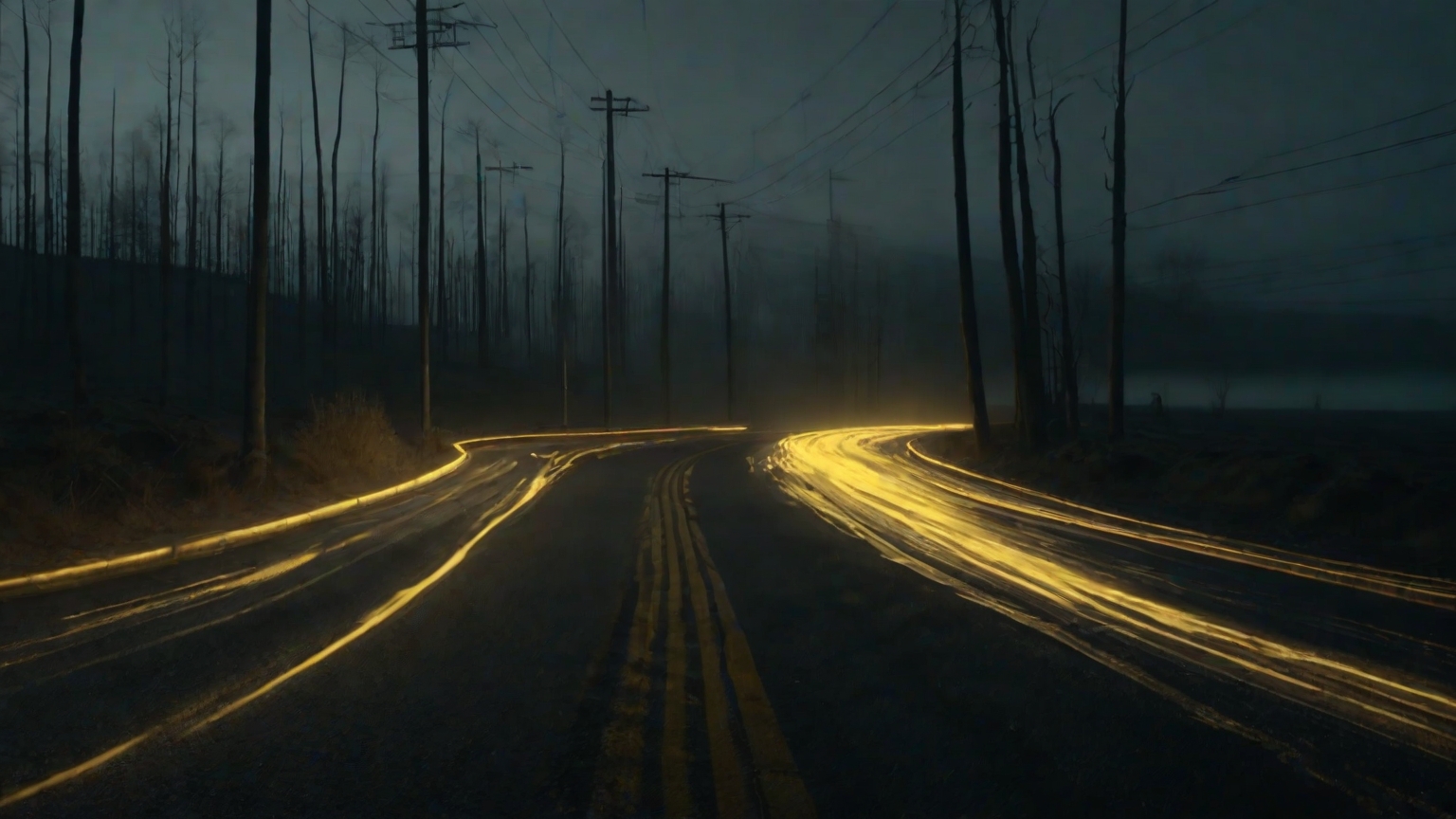 Split-frame composition: chaotic swirling light trails on the left dissolving into a single clear road in fog illuminated by warm gold light on the right