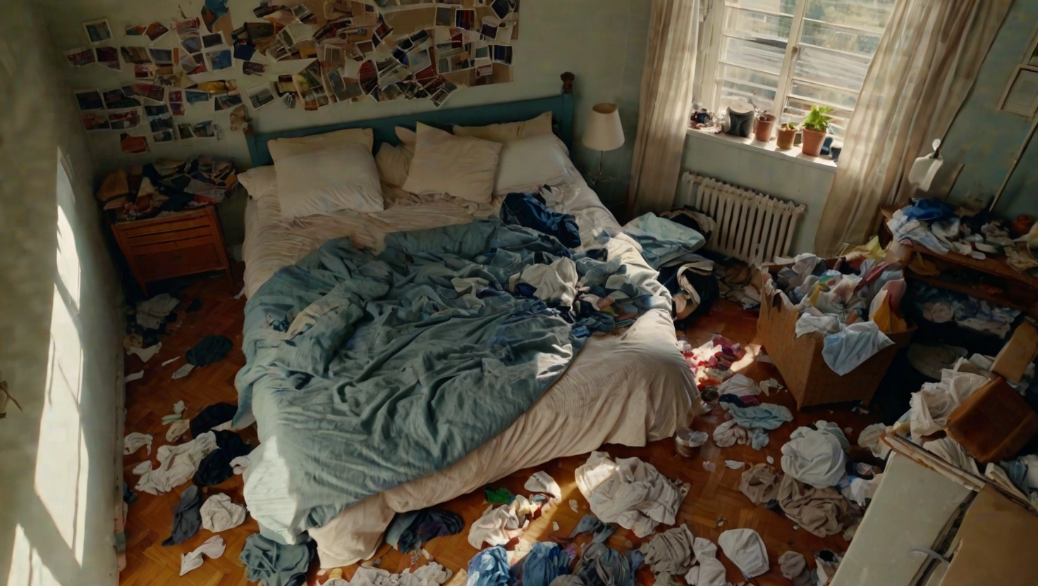 Overhead aerial view of a woman lying completely still on an unmade bed in afternoon light, surrounded by scattered items, natural lighting streaming through windows