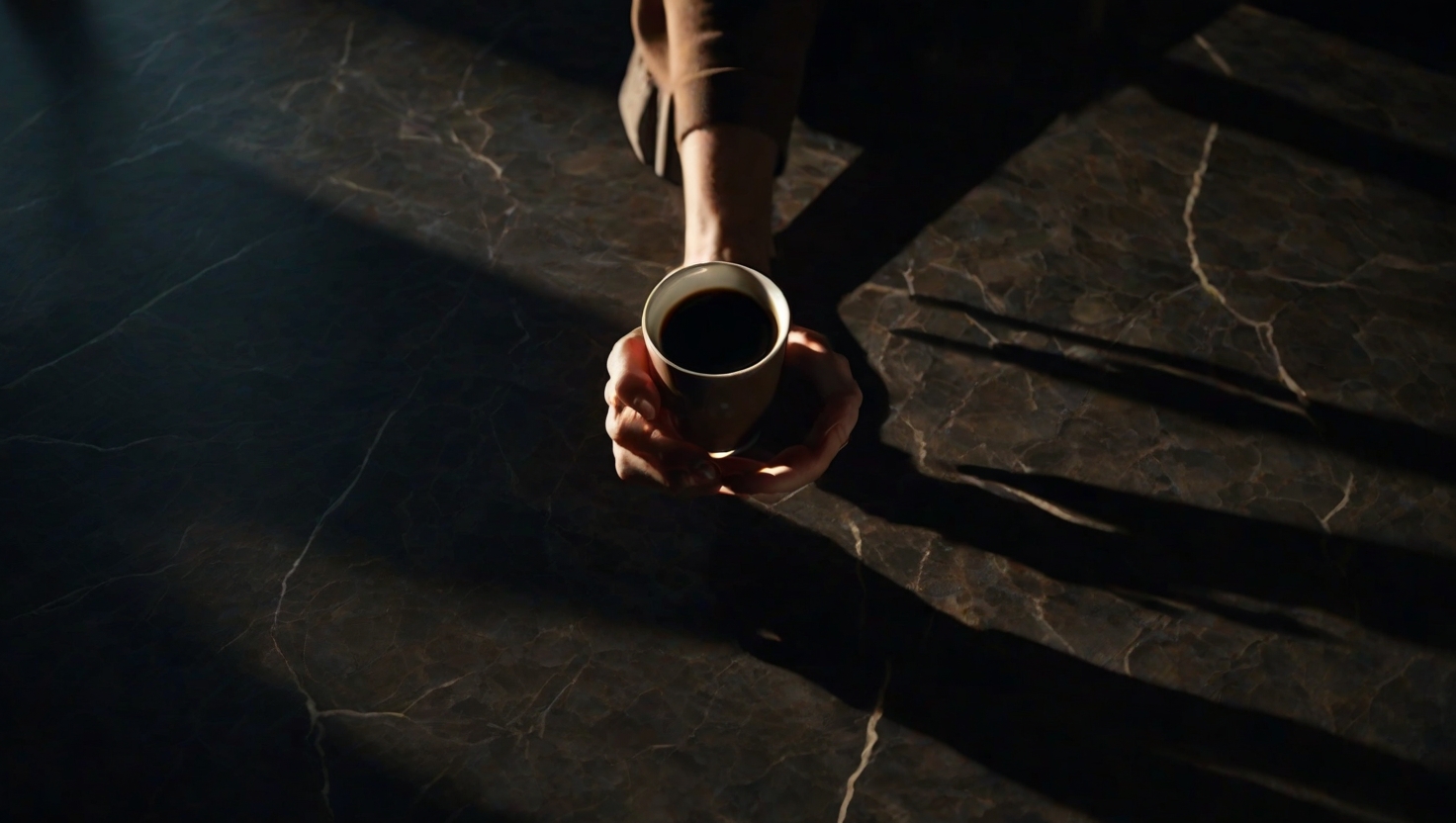 Close-up cinematic view of hands gripping the edges of a kitchen counter, knuckles slightly white, morning light casting long shadows across the surface, coffee cup sitting untouched nearby