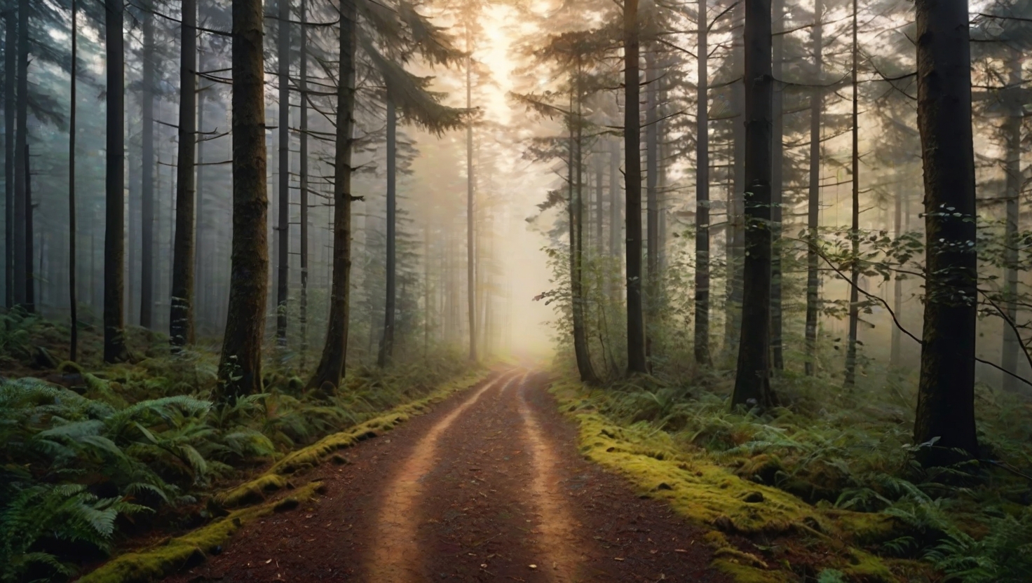 Wide landscape shot of a path leading through a misty forest at dawn, golden light filtering through tall trees, the path disappearing into soft fog ahead, sense of movement and possibility without urgency
