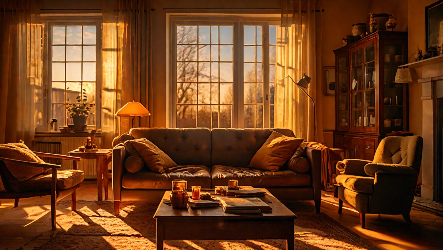 Woman sitting motionless on a couch in golden hour light filtering through large windows, warm amber lighting contrasting with cool shadows, shot from behind showing the weight of stillness