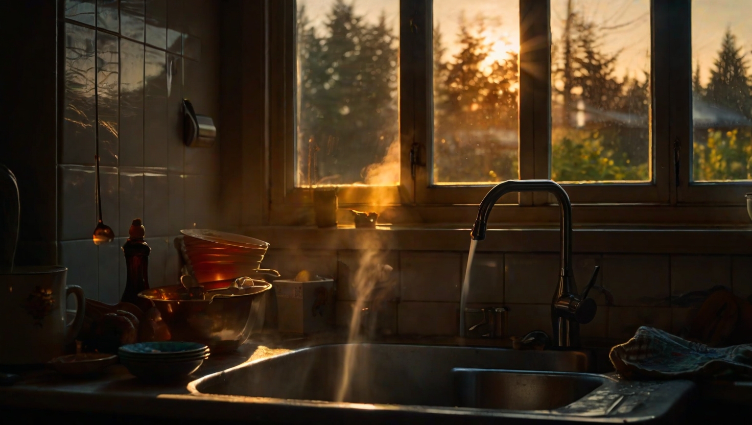 Cinematic view of a kitchen sink overflowing with dishes in evening light, steam rising from hot water, warm golden hour lighting filtering through a window above the sink, the person absent from frame