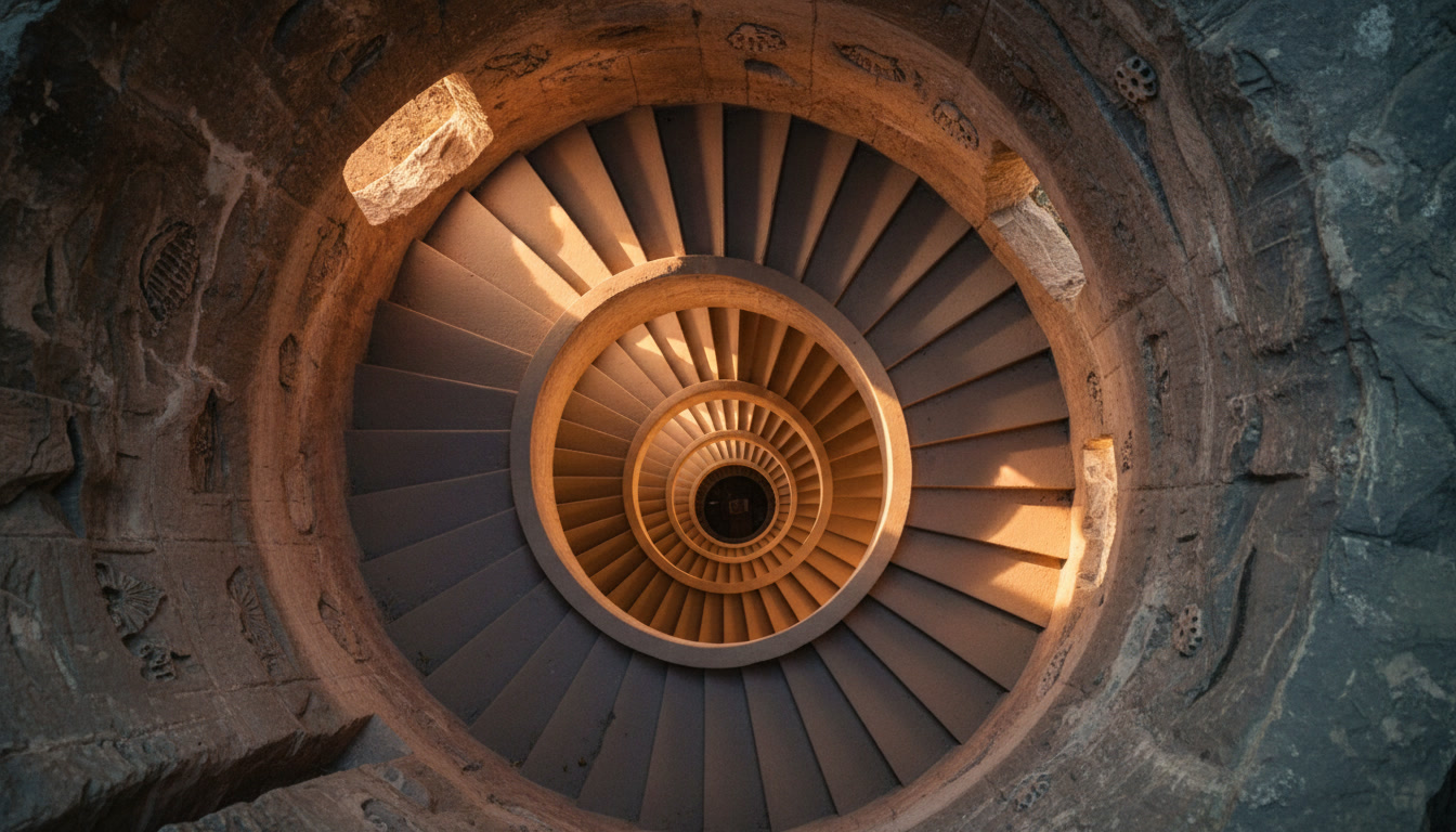 Aerial view looking down into a spiral staircase carved into ancient stone, warm amber light filtering through openings and casting repeating geometric shadows