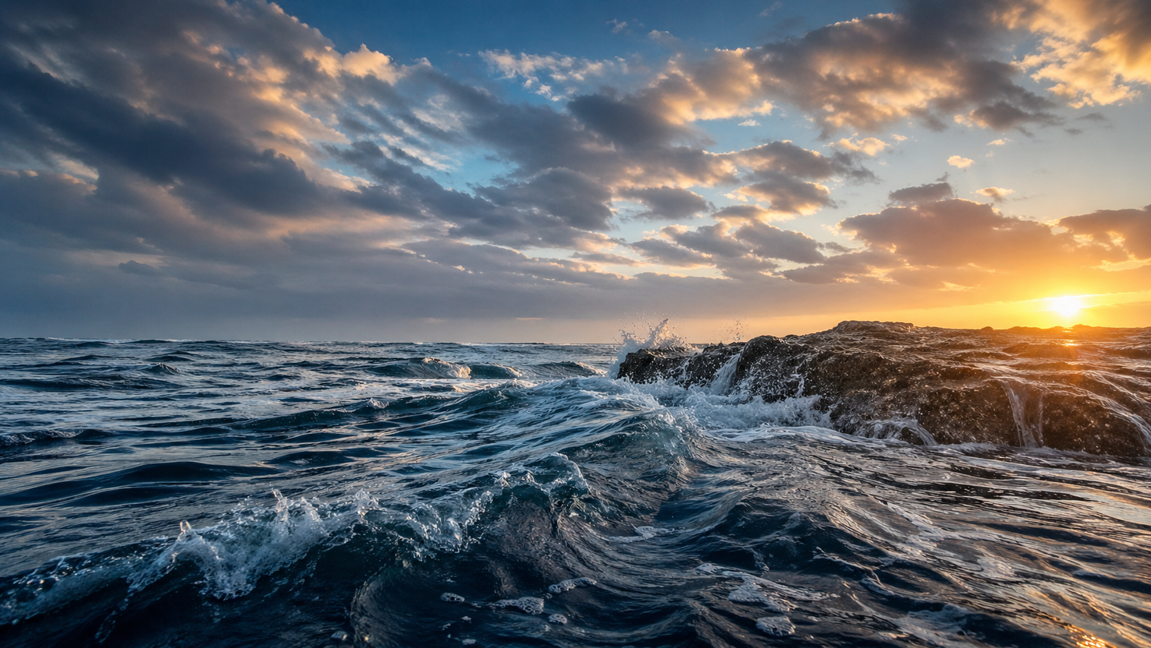 Ocean waves crashing against a rocky shore at dawn, captured from water level looking toward the horizon, deep blue water with white foam and dramatic cloudy sky