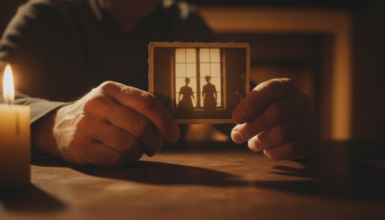 Weathered hands holding an old photograph showing two silhouettes against a window, lit by warm candlelight with deep amber shadows