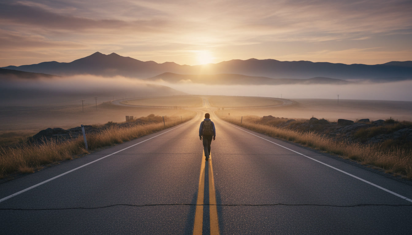 Person walking alone down the centre of an empty highway stretching toward misty mountains at golden hour, long shadows cast behind them