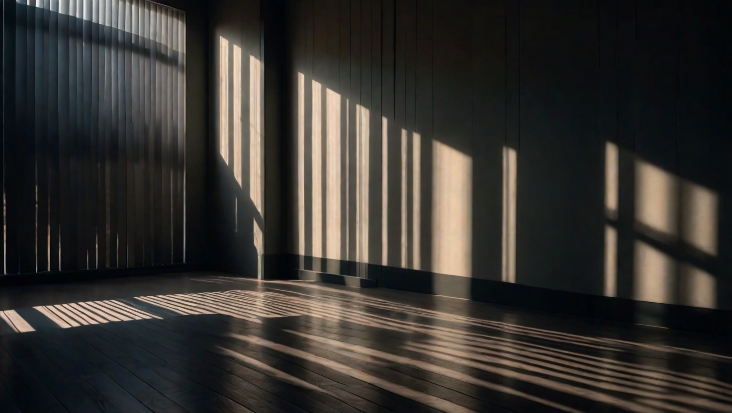 Geometric shadows cast by window blinds across a dark room with single stripe of bright light