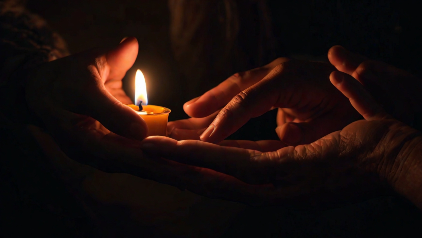 Hands cupped around a single candle flame in complete darkness