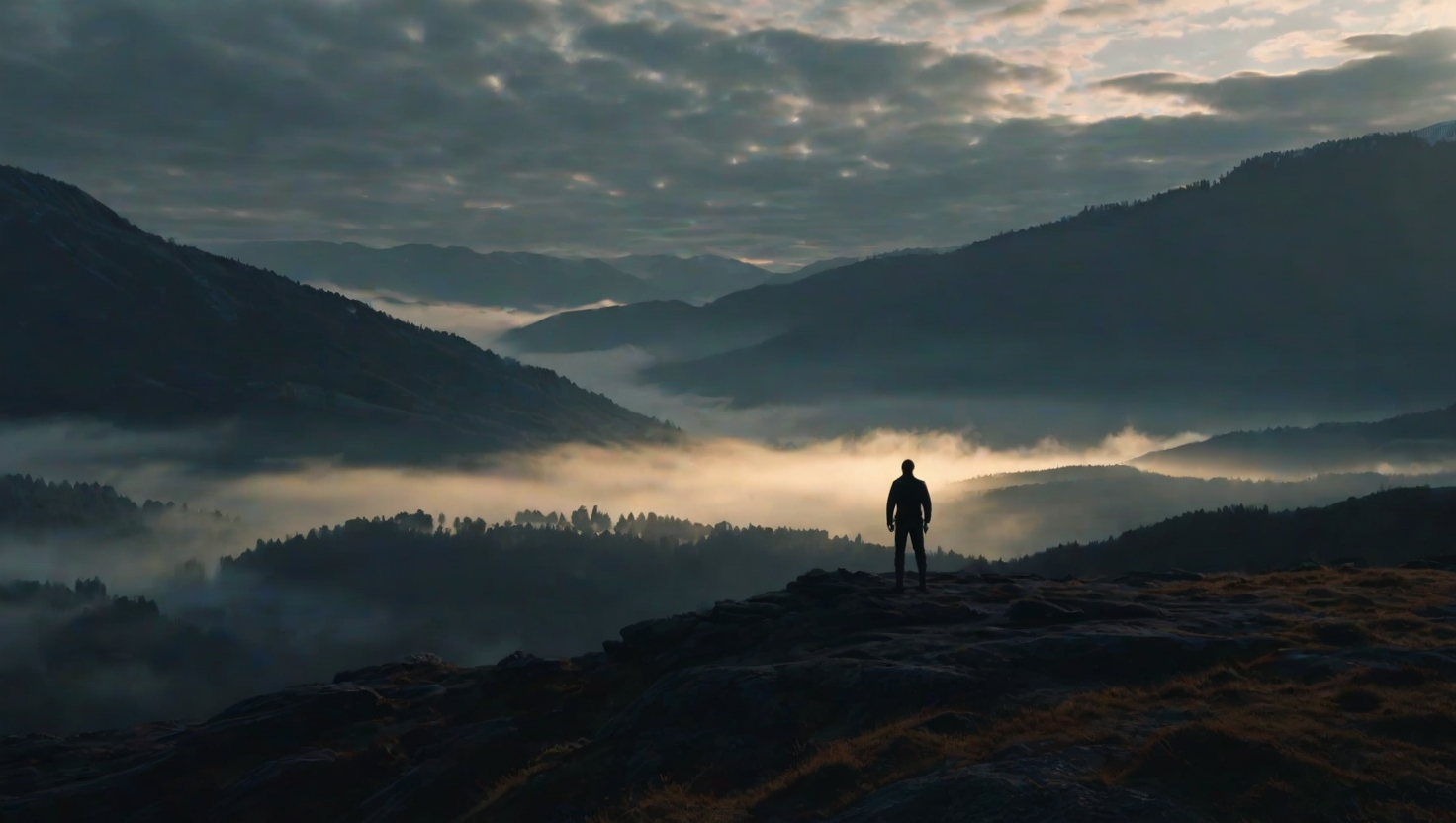 Person standing at cliff edge at dawn against vast misty mountains