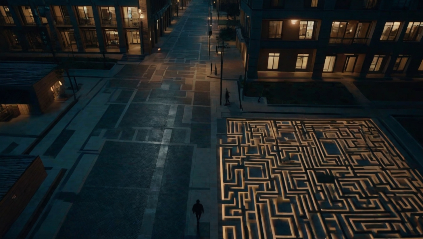Overhead view of person walking through geometric patterns in urban plaza at night