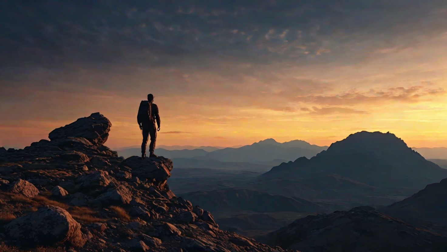 Mountain silhouettes against dawn sky with single figure standing on rocky outcrop