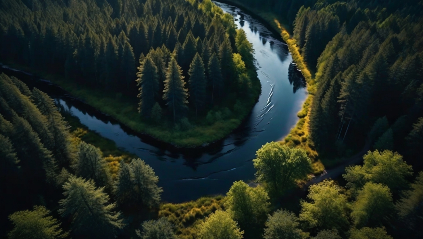 Aerial view of winding river cutting through dark forest with golden reflection on water