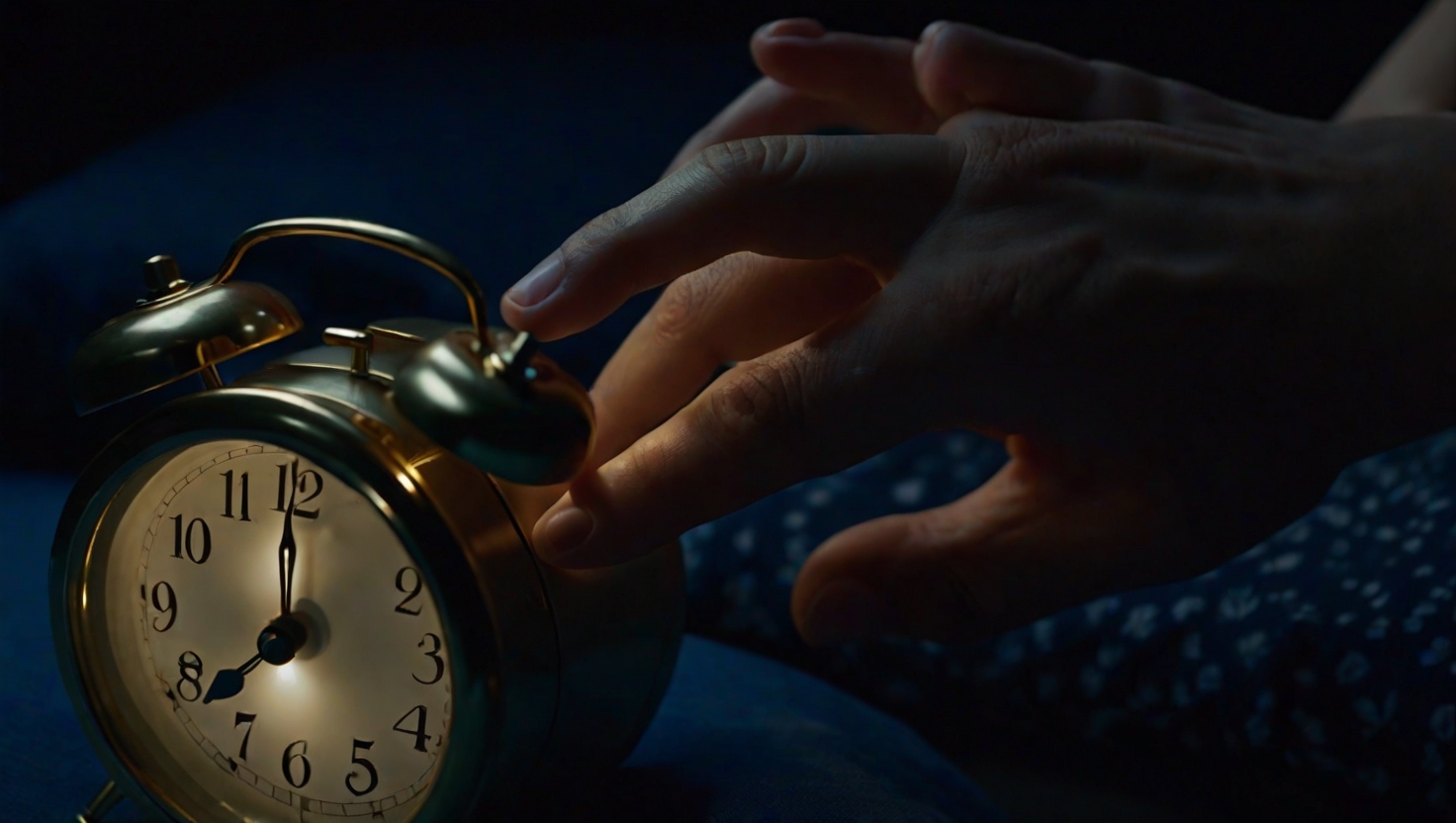 Close-up of hands reaching for an alarm clock in pre-dawn darkness, warm gold light illuminating just the hands and clock face