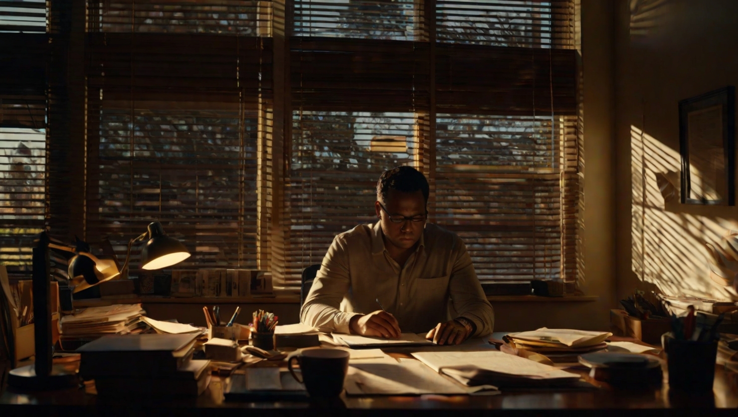 Wide shot of a person at a desk surrounded by papers, multiple windows open on a laptop, warm golden light filtering through blinds