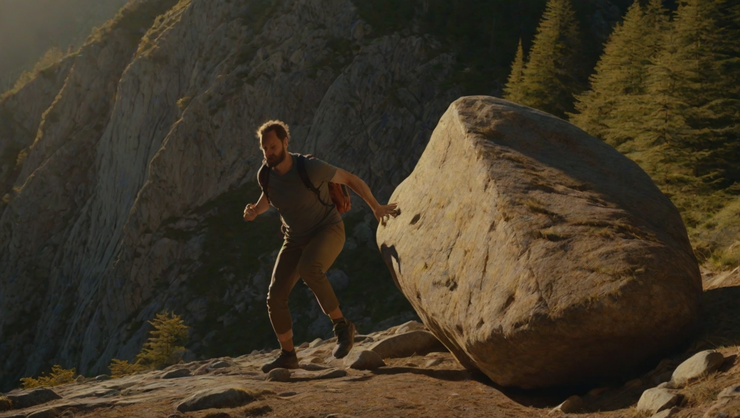 Split-screen composition: left side shows a person pushing a boulder uphill, right side shows the same person on a downhill slope with momentum, dark backgrounds with warm gold light