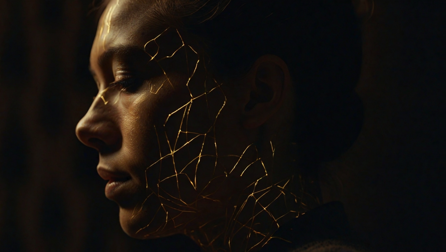 Close-up of a person's face in profile, half in shadow, half illuminated by soft gold light, faint outlines of repeated gestures suggesting layered patterns