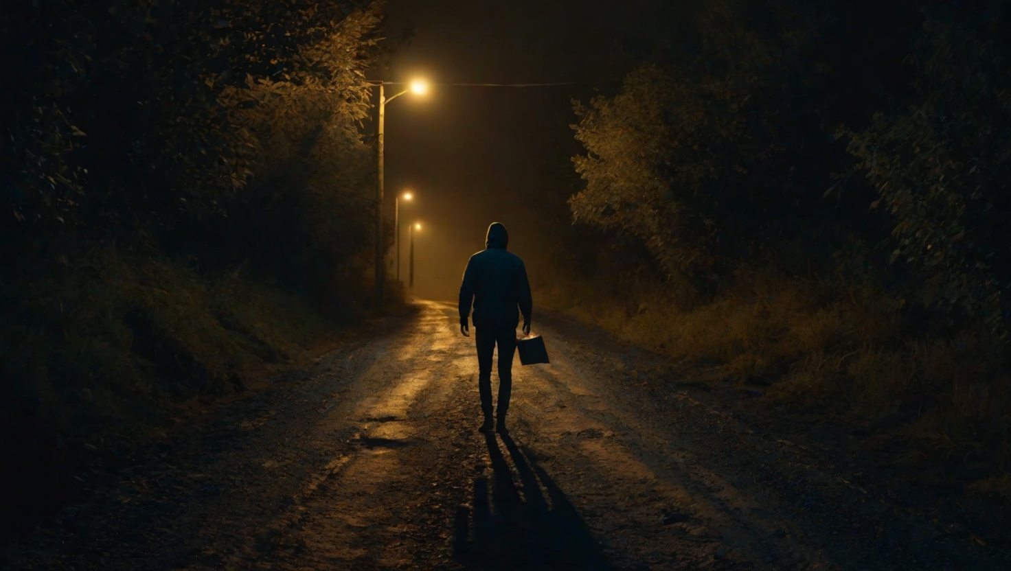Person standing at a fork in the road, one path well-worn and automatic, the other fresh and illuminated in warm gold light, deep shadows behind