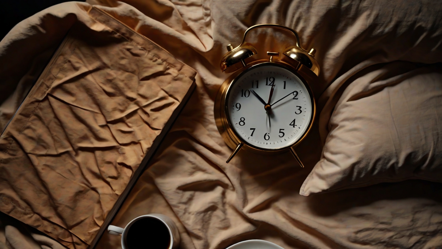 Overhead shot of a person's morning routine laid out as a visual sequence, each element glowing softly in warm gold against a dark background